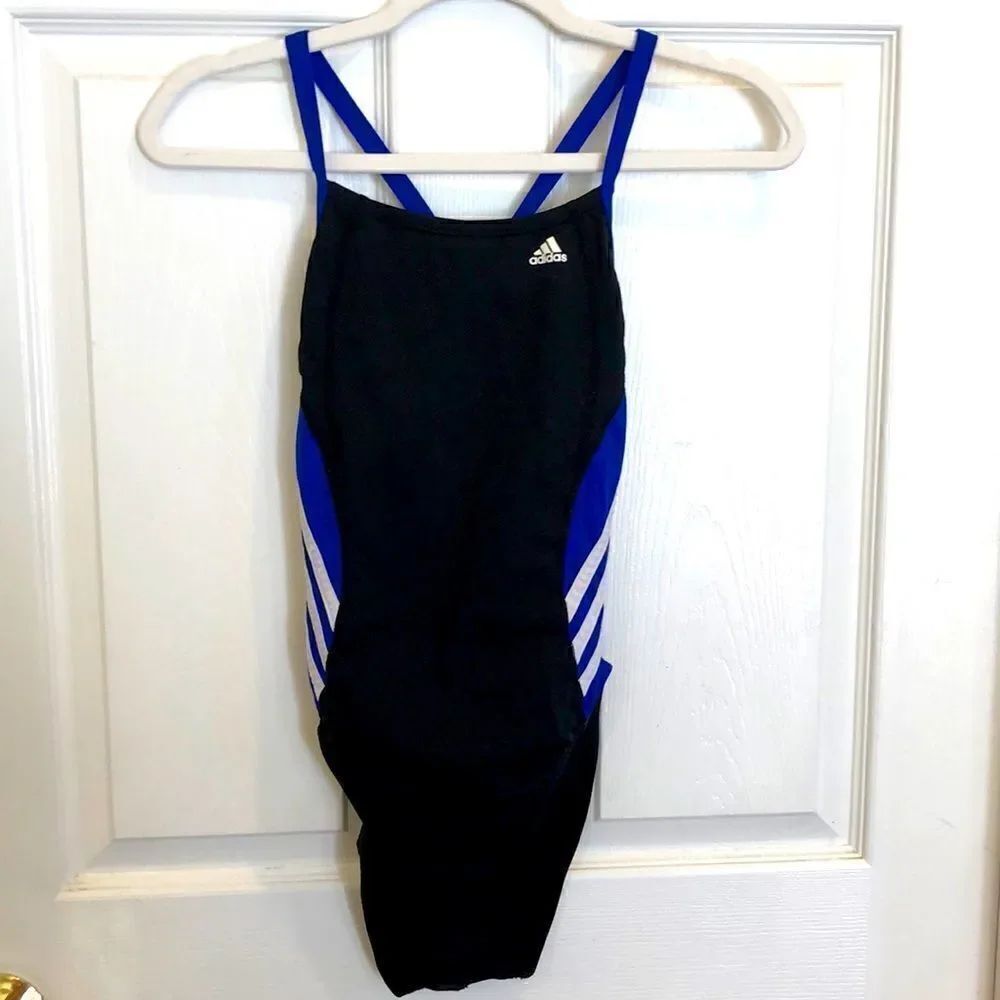 Women’s size 32 black and royal blue Adidas racer back swim suit bathing suit